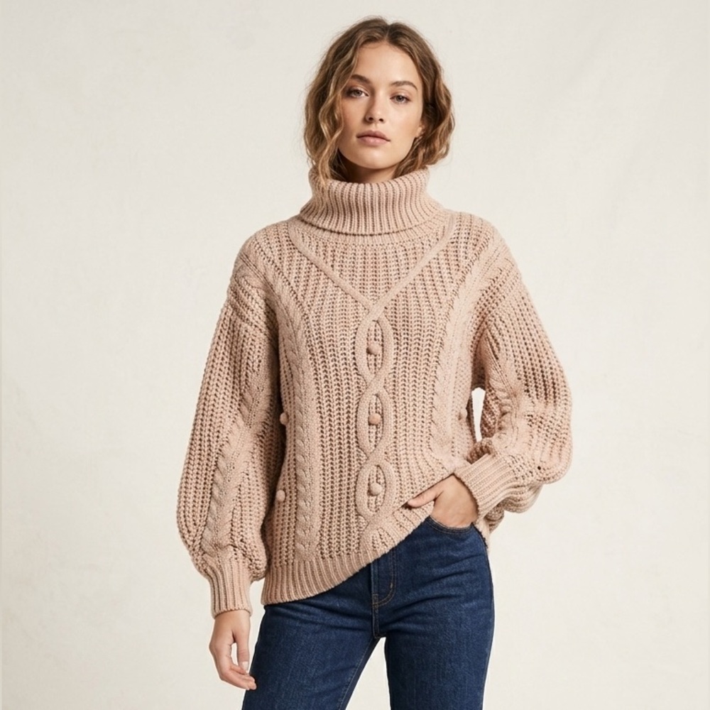 Cozy Cable Knit Turtleneck Sweater - tan